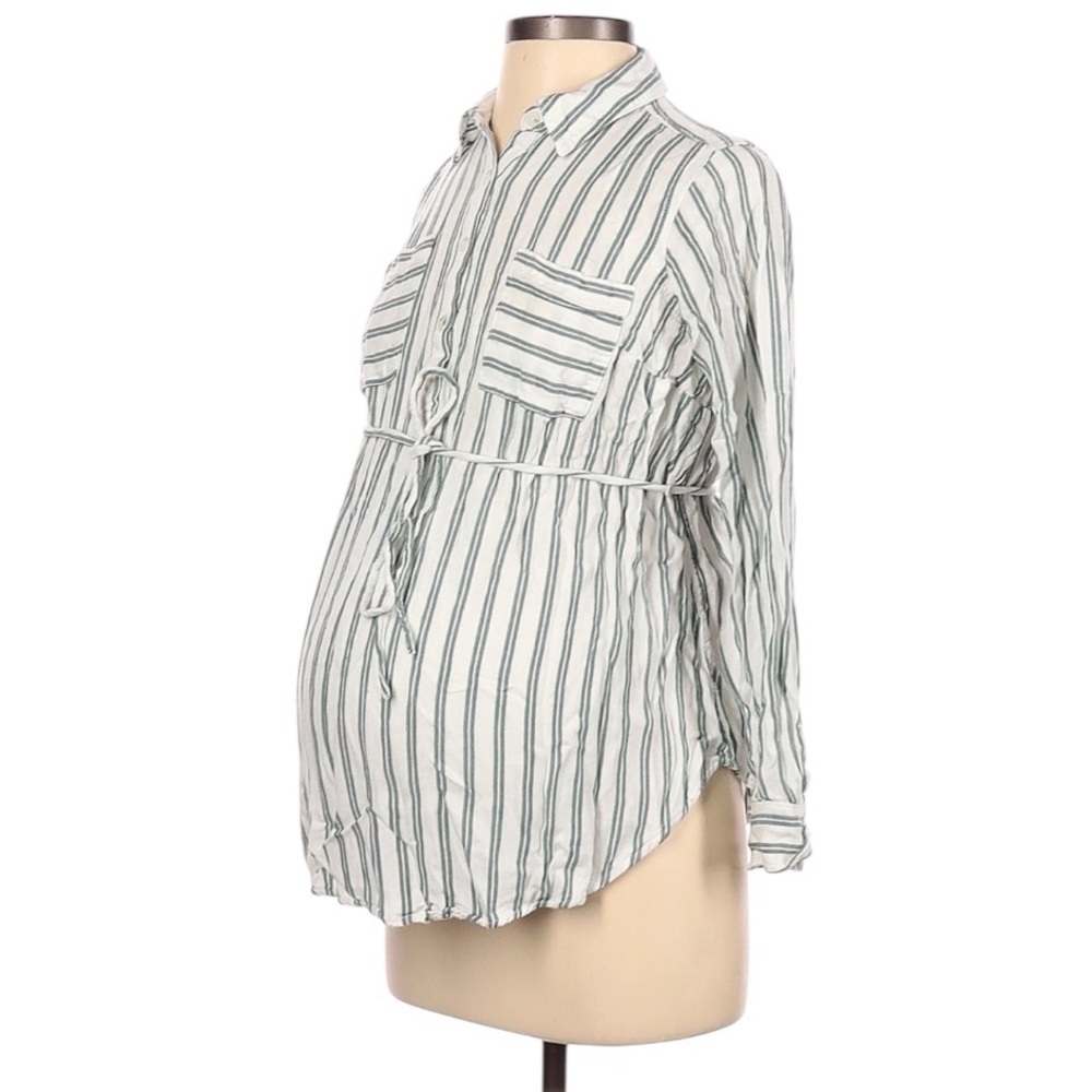 Maternity Ingrid & Isabel long sleeve button down tunic white green stripes XL
